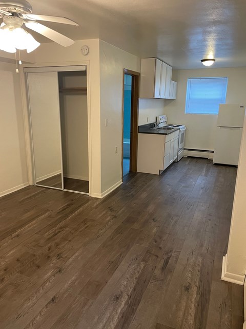 A room with a ceiling fan and wooden flooring.